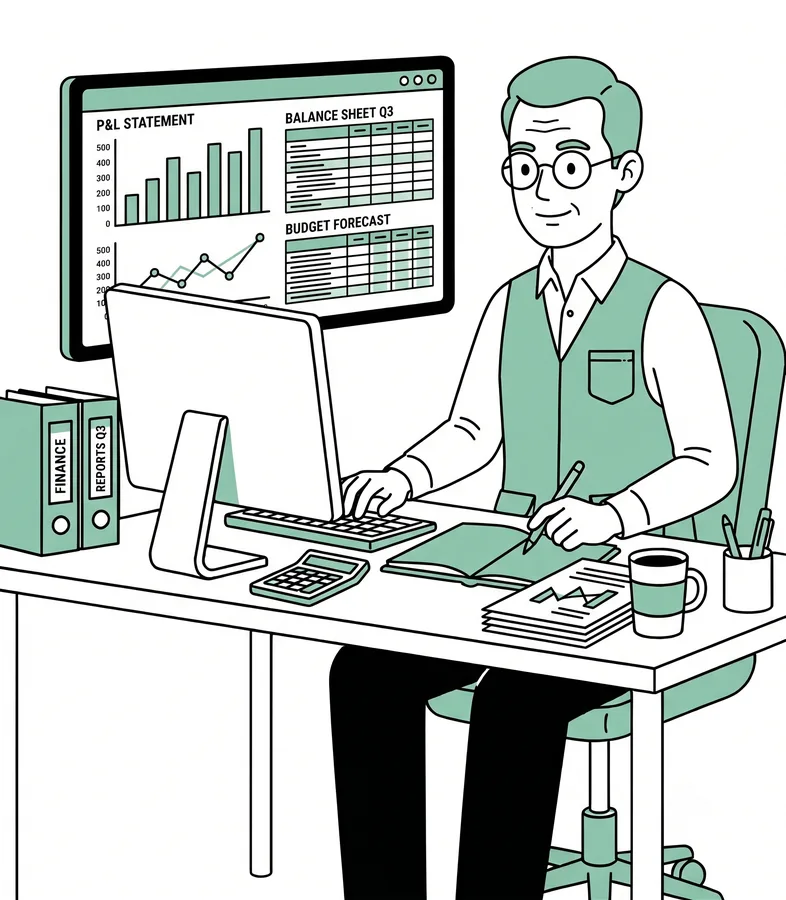 Accountant working with 1C reports at a desk